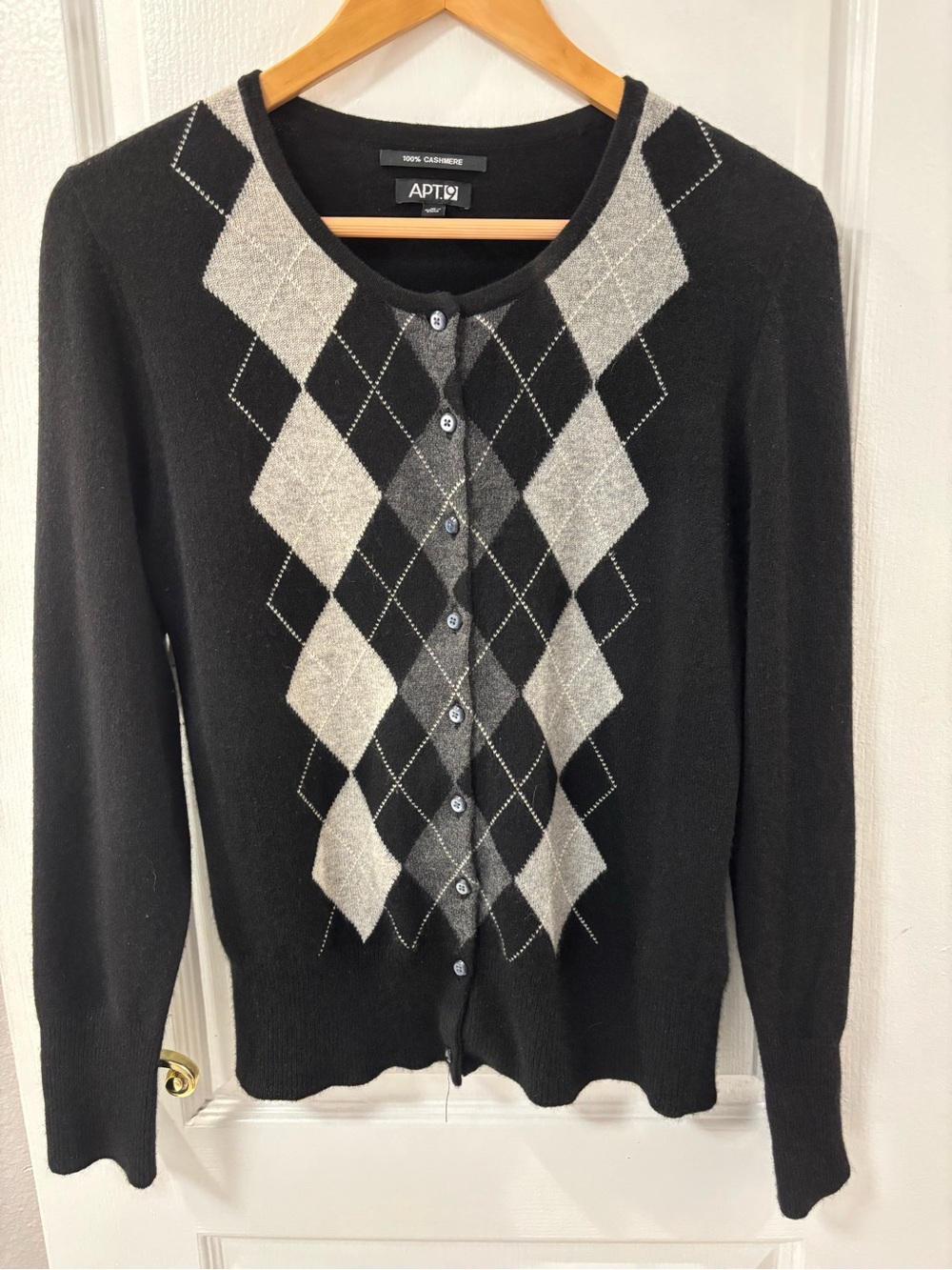 APT. 9 Black Argyle Cashmere Button-Front Cardigan Sweater Preppy Classic